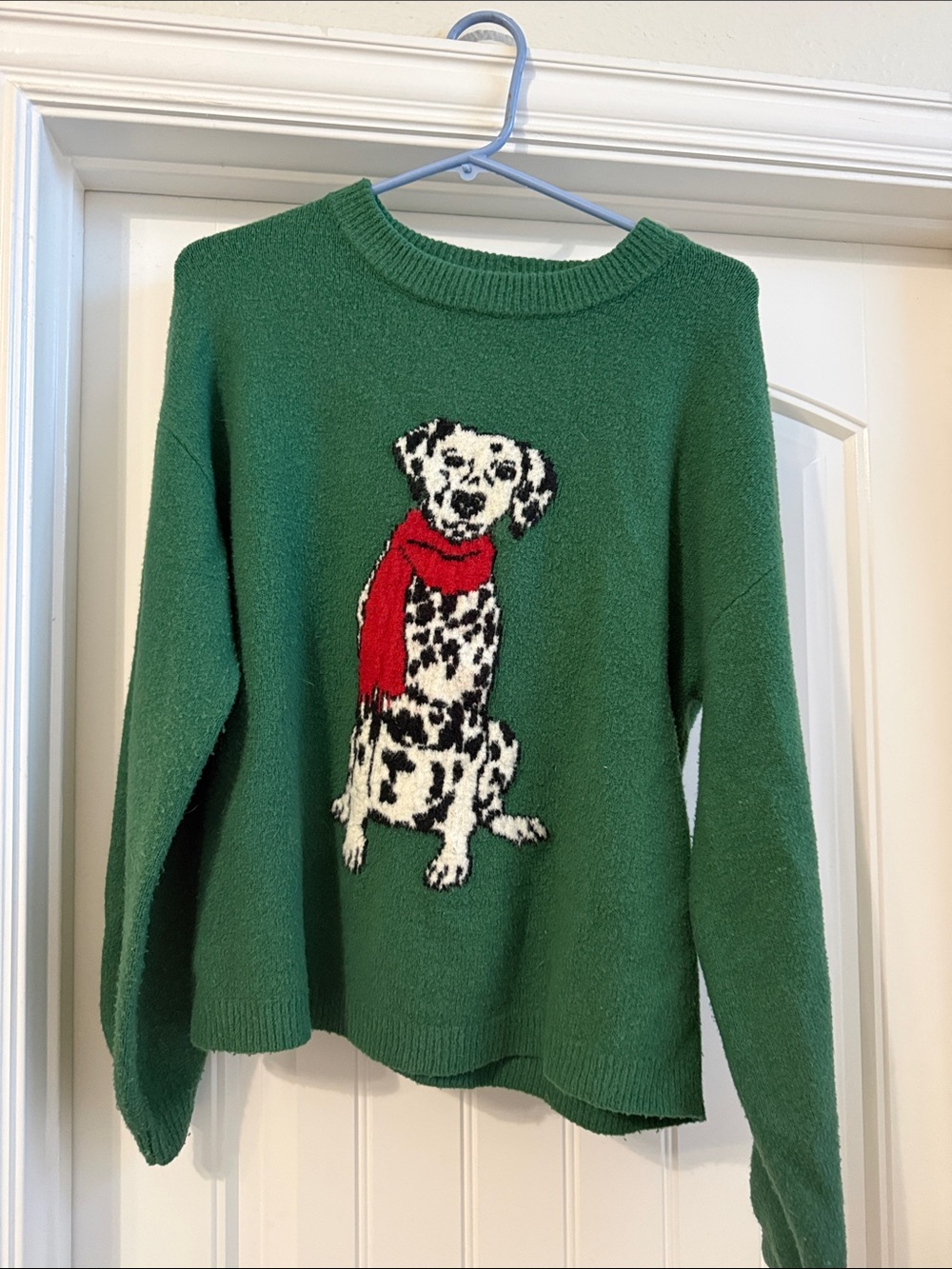 Christmas Green Sweater with Dalmatian Dog and Red Scarf M